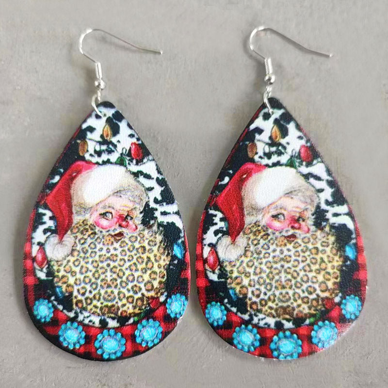Wholesale Christmas Teardrop Leather Vintage Western Leopard Print Sunflower Cactus Deer Earrings
